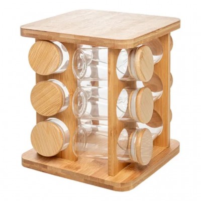 Conjunto 12 Potes em Borossilicato com Tampa Hermética e Rack Giratório em Bambu 120ml 20699 Wolff