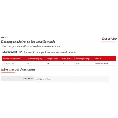 DESEMPENADEIRA C/ESPUMA 14X27 855 CONDOR