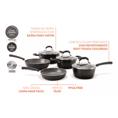 Conjunto 5 Panelas Antiaderentes com Indução Carbono BRINOX