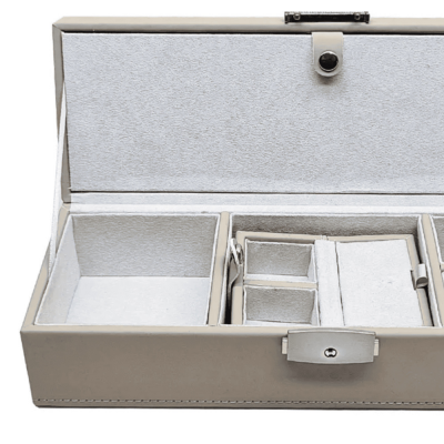 Porta Joias Elegante de Madeira e Tecido Bege 28x10x8 cm BTC