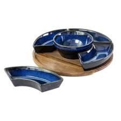 Petisqueira de Cerâmica com Madeira 5 Peças Azul BTC