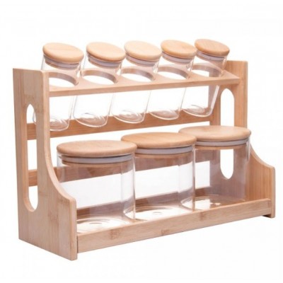 Conjunto 8 Potes em Borossilicato com Tampa Hermética e Rack em Bambu 500ml/120ml 20695 Wolf