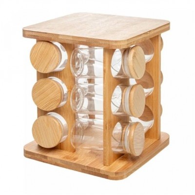 Conjunto 12 Potes em Borossilicato com Tampa Hermética e Rack Giratório em Bambu 120ml 20699 Wolff