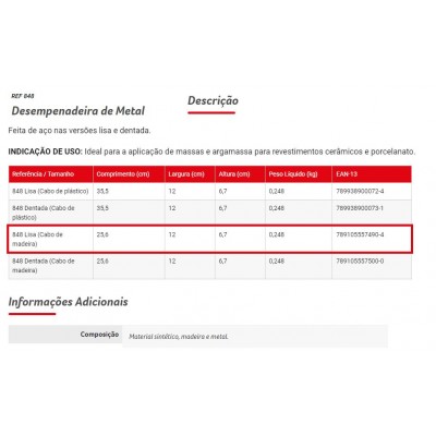 DESEMPENADEIRA ACO LISA 25X12 848 CONDOR