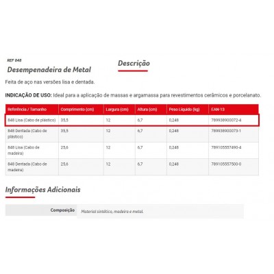 DESEMPENADEIRA ACO LISA 35X12 848 CONDOR