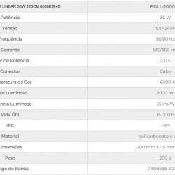 LUMINARIA LED LINEAR SLIM 36W 120CM 6500K B&D