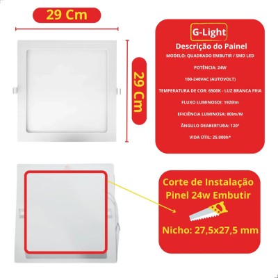 Painel Led Glight Embutir Quadrado 24W 6500K