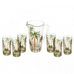 Conjunto Kit Jarra com 6 Copos de Cristal de Chumbo Transparente Palmeiras Palm Tree Handpaint